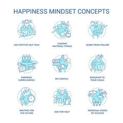 Wall Mural - Happiness mindset blue concept icons set. Personal growth idea thin line color illustrations. Becoming happy. Self vision of success. Goal setting. Vector isolated outline drawings. Editable stroke