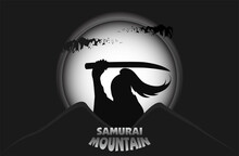 Samurai Warrior Silhouette On Black And White Cartoon Illustration With Moon And Mountain Elements