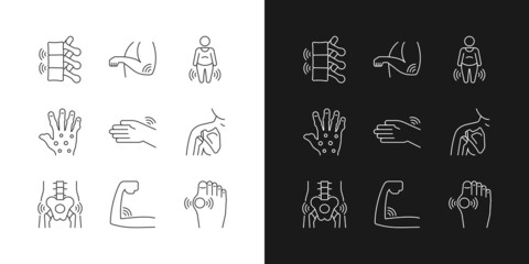 Poster - Joint inflammation linear icons set for dark and light mode. Rheumatoid arthritis. Swelling in ligaments. Customizable thin line symbols. Isolated vector outline illustrations. Editable stroke