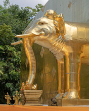 Low Angle View Of Golden Elephant Sculpture At The Base Of The Main Stupa At Historic Lanna Landmark Wat Phra Singh Buddhist Temple, Chiang Mai, Thailand