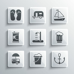 Wall Mural - Set Sand in bucket, Anchor, Wooden beer mug, Beach shower, Fast street food cart, Soda can, Flip flops and Yacht sailboat icon. Vector