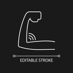 Lack of muscular strength white linear icon for dark theme. Experiencing weakness. Muscle atrophy. Thin line customizable illustration. Isolated vector contour symbol for night mode. Editable stroke