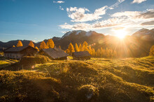 Mountain Huts At Autumn Sunset