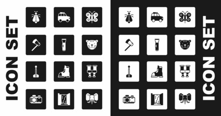 Poster - Set Butterfly, Flashlight, Wooden axe, Mosquito, Tiger head, Car, Binoculars and Arrow icon. Vector