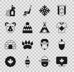 Wall Mural - Set Canadian maple leaf, Acorn, Hockey jersey, Snowflake, Beanie hat, Bear head, Syrup with pancakes and Indian teepee wigwam icon. Vector