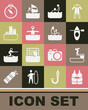 © Kostiantyn - Set Life jacket, Swimmer diving into pool, Kayak and paddle, Water polo, gymnastics, Winner podium, Compass and Windsurfing icon. Vector