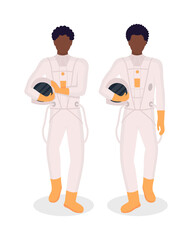 Poster - Astronauts semi flat color vector character set. Walking figures. Full body people on white. Space exploration isolated modern cartoon style illustration for graphic design and animation collection