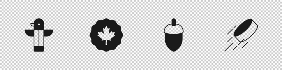 Sticker - Set Canadian totem pole, maple leaf, Acorn and Hockey puck icon. Vector