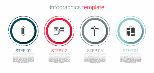 Poster - Set Gem stone, Handle detonator, Pickaxe and Mine entrance. Business infographic template. Vector