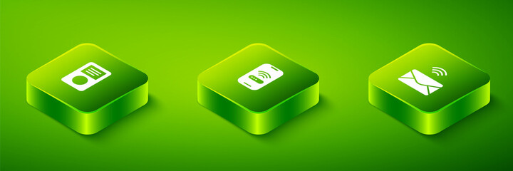 Sticker - Set Isometric Mobile with wi-fi wireless, Mail and e-mail and Music player icon. Vector