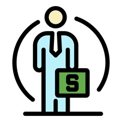 Poster - Man with a suitcase of money icon. Outline man with a suitcase of money vector icon color flat isolated