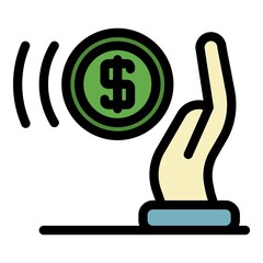 Poster - Palm swipes a coin icon. Outline palm swipes a coin vector icon color flat isolated