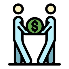 Poster - Two people hold a coin icon. Outline two people hold a coin vector icon color flat isolated