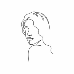 Wall Mural - Vector continuous one single line drawing icon of abstract portrait of woman in silhouette on a white background. Linear stylized.