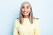 middle age gray hair woman looking happy and goofy with a broad, fun, loony smile and eyes wide open