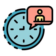 Poster - Clock and man in chat bubble icon. Outline clock and man in chat bubble vector icon color flat isolated