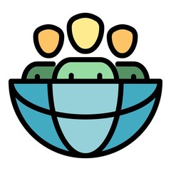 Poster - Three persons in the globe icon. Outline three persons in the globe vector icon color flat isolated