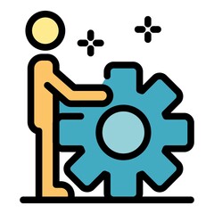 Poster - Man holds gear icon. Outline man holds gear vector icon color flat isolated