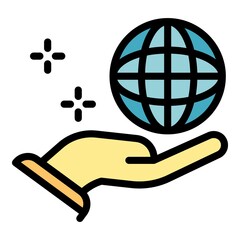Poster - Globe in the palm icon. Outline globe in the palm vector icon color flat isolated