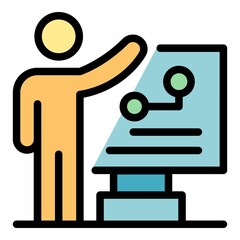 Poster - Man near the flipchart icon. Outline man near the flipchart vector icon color flat isolated
