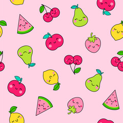 Wall Mural - Seamless pattern of cute fruit illustration with pink backgroundใ