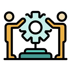 Poster - Two men holding cog icon. Outline two men holding cog vector icon color flat isolated