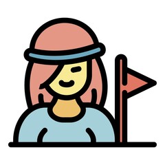 Sticker - Tourist girl and flag icon. Outline tourist girl and flag vector icon color flat isolated