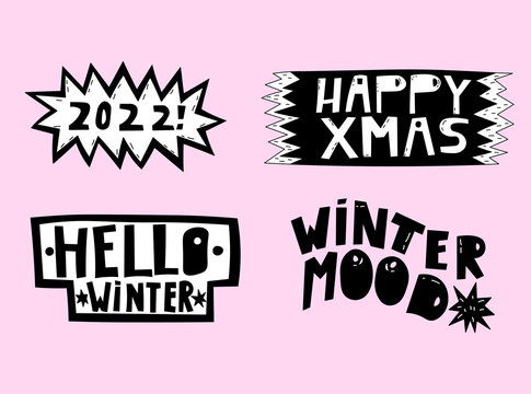 vector set of black and white christmas lettering.Titles and wishes for the new year.Collection of black silhouettes text for celebration and cards.Happy xmas, 2022. hello winter, winter mood