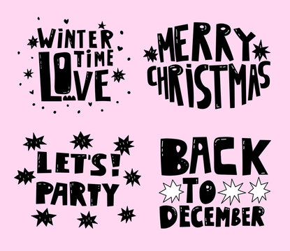 vector set of black and white christmas lettering.Titles and wishes for the new year.Collection of black silhouettes for celebration and cards.Hand drawn winter stickers.80s typography nostalgia