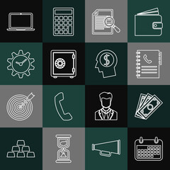 Poster - Set line Calendar, Stacks paper money cash, Phone book, Document with search, Safe, Time Management, Laptop and Business man planning mind icon. Vector
