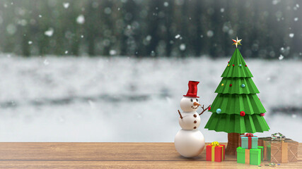 Wall Mural - The Christmas tree and snow man on wood table for holiday celebration or  promotion business background 3d rendering.