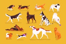 Bundle Of Cute Dogs Of Various Breeds Playing, Running, Walking, Sitting, Pooping. Set Of Adorable Cartoon Pet Animals Isolated On Yellow Background. Colorful Vector Illustration In Flat Style
