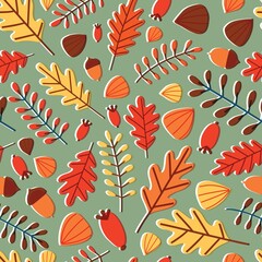 Aufkleber - Seasonal seamless pattern with fallen autumn leaves, branches, berries and acorns on green background. Motley fall backdrop. Natural illustration for wrapping paper, wallpaper, textile print.