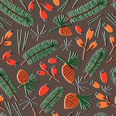 Aufkleber - Natural seamless pattern with fir needles, branches of coniferous tree, pine cones, berries on dark background. Forest backdrop. Autumn vector illustration in flat style for fabric print, wallpaper.
