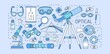 Colorful web banner template with optical equipment, various eyesight correction devices, ophthalmic tools, optic lenses on blue background. Creative vector illustration in modern linear style.