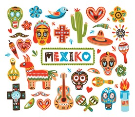 Collection of Mexican national attributes isolated on white background - pinata, sugar skulls, chili pepper, maracas, sombrero, guitar, cactus lime. Colorful vector illustration in flat cartoon style.