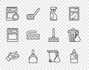 Sticker - Set line Washing hands with soap, Fabric softener, Spray bottle detergent liquid, Dustpan, Kitchen dishwasher machine, Brush for cleaning, Trash can garbage bag and icon. Vector