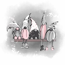Digital Illustration With Scandinavian Interior Gnomes Sitting On A Shelf. The Drawing Is Made In Pink And Gray Colors, There Is An Imitation Of Watercolor Technique.