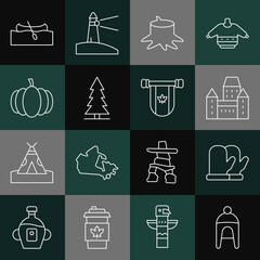 Wall Mural - Set line Winter hat, Christmas mitten, Chateau Frontenac hotel, Tree stump, Canadian spruce, Pumpkin, Kayak or canoe and Pennant Canada icon. Vector