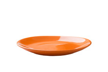 Orange Ceramic Round Plate Isolated Over White Background. Perspective View