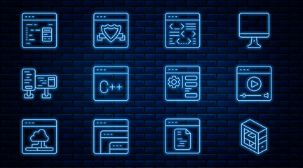 Set line Computer, Online play video, Software, monitor screen, Browser setting and with shield icon. Vector
