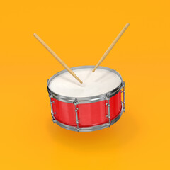 Drum and drumsticks red on yellow background, 3d render