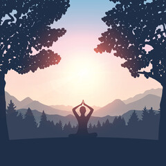 Wall Mural - meditating person on summer meadow at sunshine