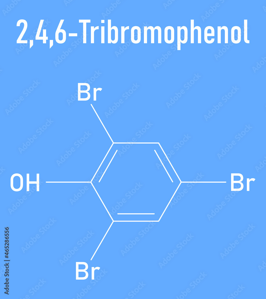 Tribromophenol (TBP, 2,4,6-Tribromophenol) molecule. Used as fungicide and wood preservative; Skeletal formula.