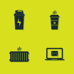 Sticker - Set Fitness shaker, Laptop with envelope, Heating radiator and Coffee cup icon. Vector