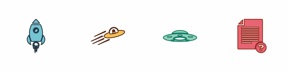 Poster - set rocket ship with fire, ufo flying spaceship and alien, and unknown document icon. vector