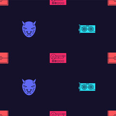 Poster - Set Video graphic card, Mask of the devil with horns, Create account screen and Chest for game on seamless pattern. Vector