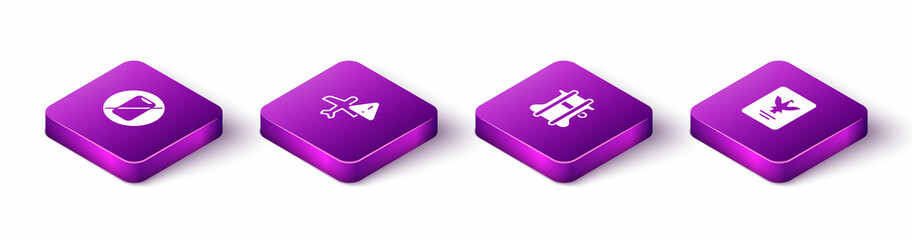 Sticker - Set Isometric No cell phone, Warning aircraft, Parachute and Passport icon. Vector