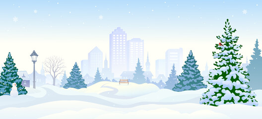 Wall Mural - Vector illustration of a snowy city park, winter landscape panorama