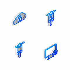 Sticker - Set Isometric line Electric scooter, Cloud computing lock, Scooter and Lock on monitor icon. Vector